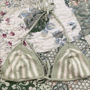 NWOT Cream and Green Crochet bikini top